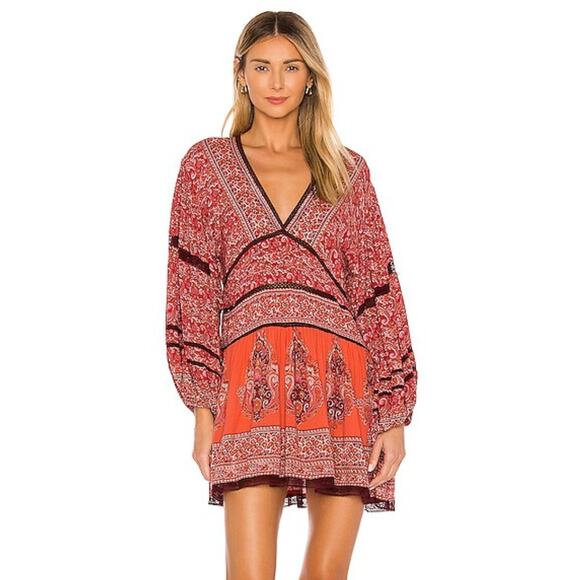 Free People Tops - Free People Top Womens Medium Red Luna Paisley Balloon Sleeve Tunic Dress Boho